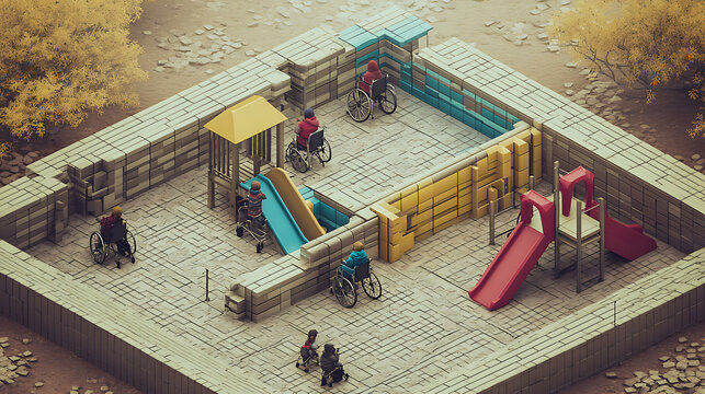 Inclusive playground design with accessible equipment and colorful facilities for children of all abilities.