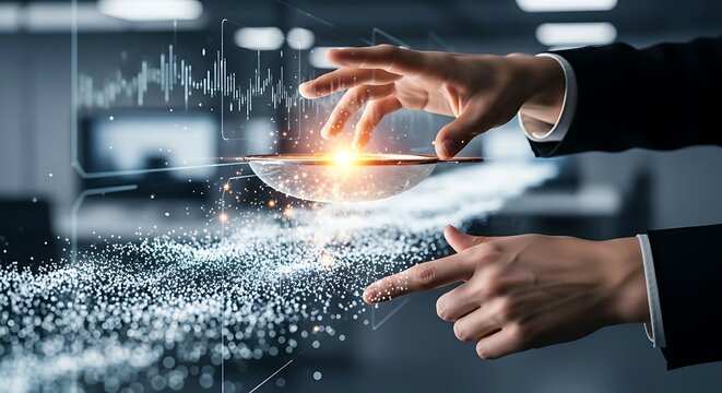 Data mining concept. An analyst's hands 'sift' a stream of data points with a holographic 'sieve', letting only the brightest light points pass through.