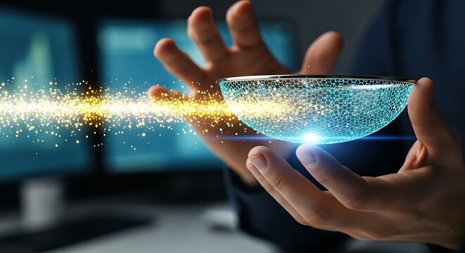Data mining concept. An analyst's hands 'sift' a stream of data points with a holographic 'sieve', letting only the brightest light points pass through.