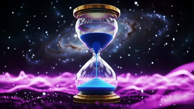 Hourglass with blue sand against cosmic galaxy background