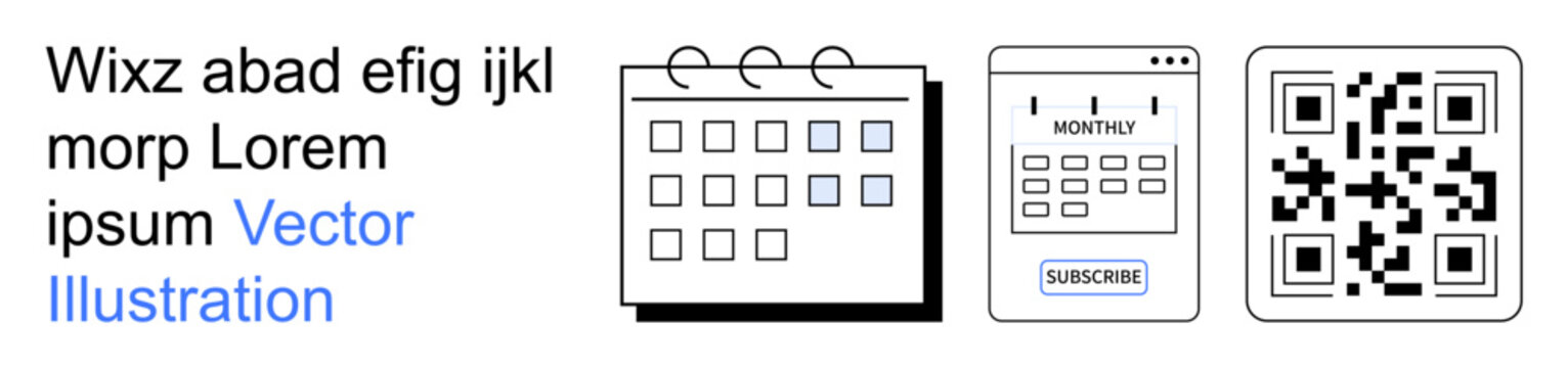 Time management, scheduling, technology integration, QR access, digital tools, online subscription. Display of a calendar, monthly planner and QR code. Time management and scheduling concept