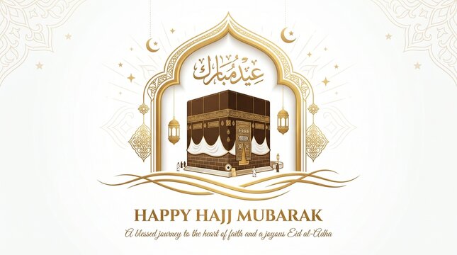 Eid al adha mubarak hajj celebration with kaaba islamic architecture gold ornate arch holy city faith journey