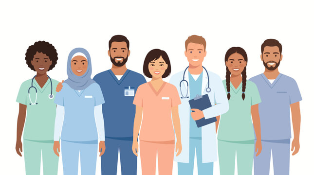 Diverse group of medical professionals standing together smiling.