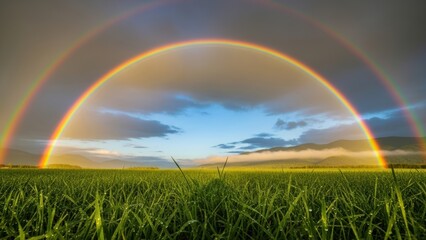 Fototapeta premium A vibrant, perfect double rainbow arching over a lush green meadow.