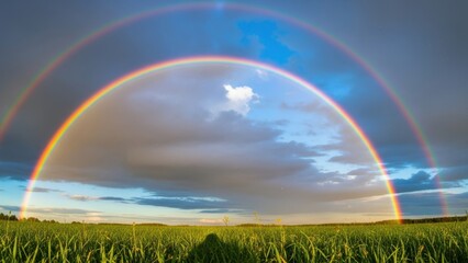 Fototapeta premium A wide-angle shot of a double rainbow over a green field and cloudy sky.