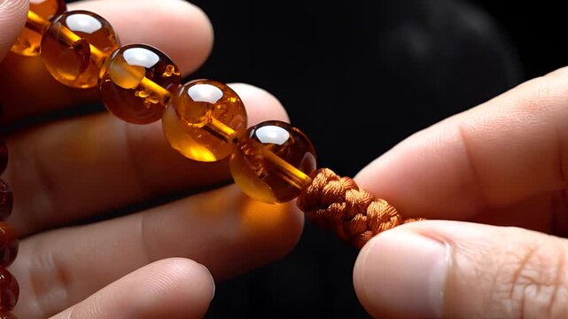 Closeup of Hands Holding Amber Prayer Beads.