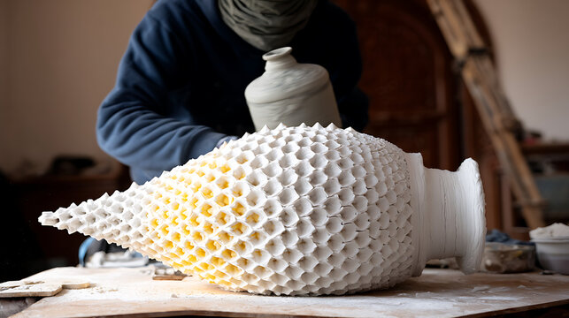 Artisan creating futuristic ceramic vase with parametric textured pattern in pottery workshop.