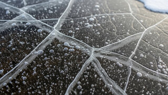 A macro shot of a frozen lake surface with cracks and trapped air bubbles.