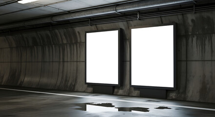 Obraz premium Two blank billboard mockup units positioned within a modern urban pedestrian subway corridor, illuminated lightbox poster frame for commercial marketing and brand promotion in a transit hub.