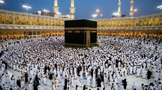 Pilgrims in white robes gather around the kaaba at masjid al haram during hajj pilgrimage at dusk