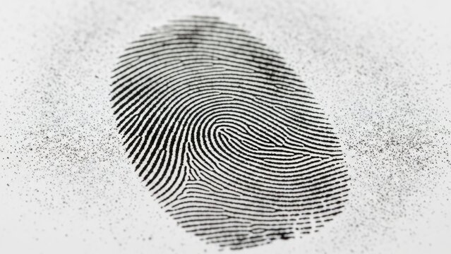 A close-up of a thumbprint in black ink with surrounding powder residue.