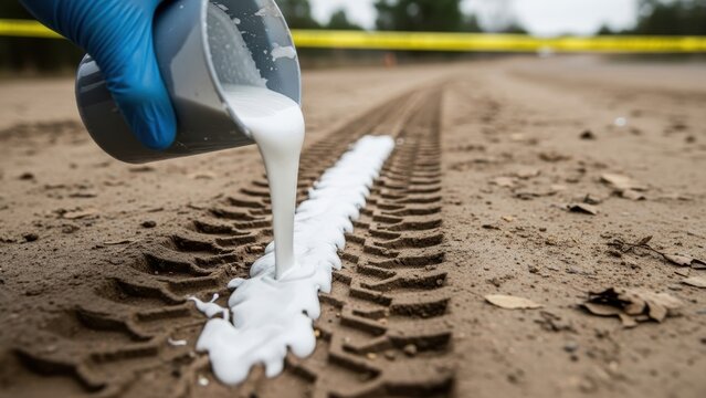 A forensic technician pouring white plaster into a tire track impression in the dirt.