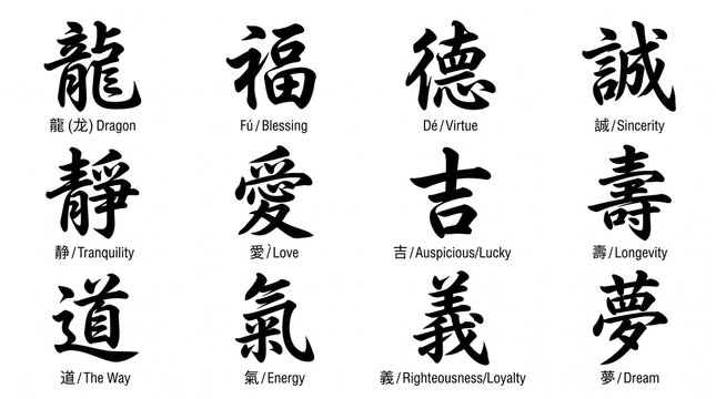 Twelve distinct black Chinese calligraphy characters, each with its English translation, symbolizing concepts like love, virtue, and longevity, arranged on a white background.