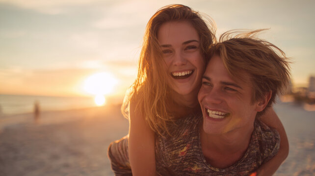 Lovely couple romantic moment. A man carrying a woman on his back on the beach at sunset. The sky is painted with a mix of vibrant oranges, pinks, and purples.