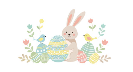Obraz premium Cute Easter Bunny with Decorated Eggs and Birds, Spring Celebration Illustration