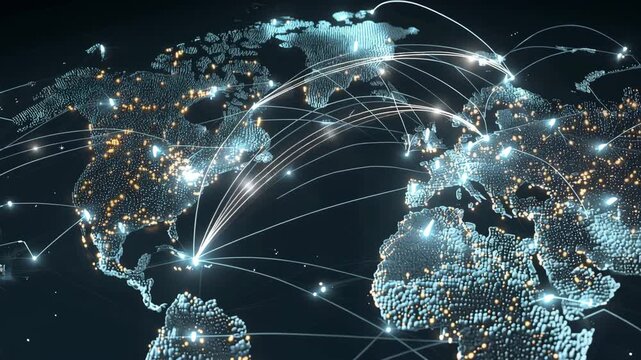 4K Ultra HD Digital world map with glowing connections and data transfer lines representing global network communication and internet connectivity video