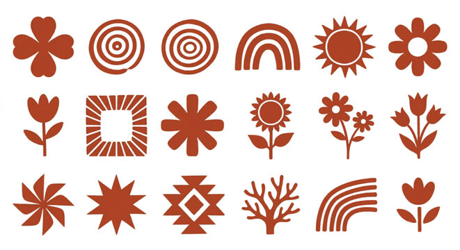 Boho terracotta hand drawn icons, 18 rustic organic shapes and floral elements vector set, earthy clay sun and rainbow illustrations for branding