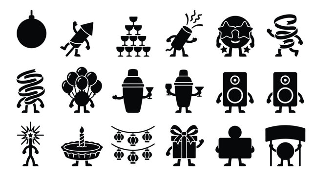 Collection of black and white icons representing celebration and party elements, including fireworks, balloons, and gifts.