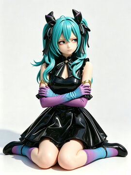 3D Figure Hatsune Miku in Black Latex Dress, Cute Anime Character with Turquoise Hair
Grumpy Cute Hatsune Miku 3D Figure Sitting with Crossed Arms