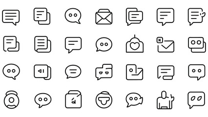 Fototapeta premium Set of black line icons for chat speech bubbles and communication on white background