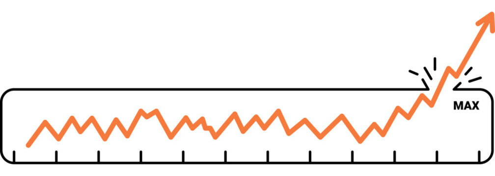 Orange line graph breaking through a max limit frame vector illustration. Business growth, financial success, record breaking, performance, breakthrough, goals. Rising arrow chart past border