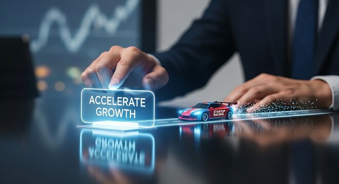 Accelerating startup growth. An investor's hands touch a holographic 'acceleration' button, making a small virtual race car speed forward.
