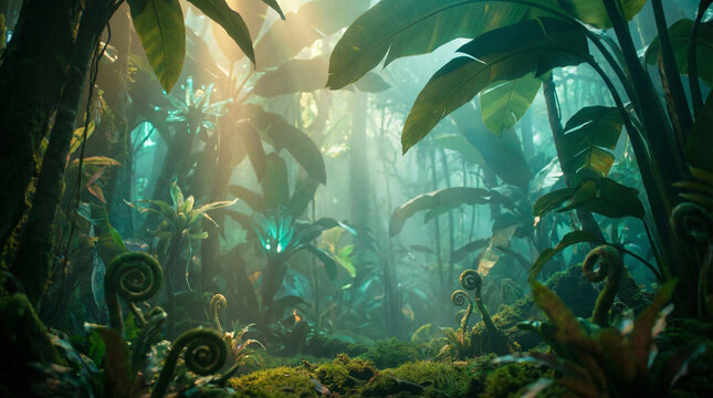 Mythical Jungle Scene with Light Shafts and Lush Vegetation in a Surreal Atmosphere