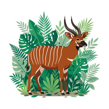 Bongo antelope standing amidst lush tropical foliage, illustration