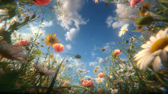 Spring season, garden, flower, fresh, life. A vibrant meadow filled with a variety of flowers, some in full bloom, against a bright blue sky dotted with fluffy white clouds.