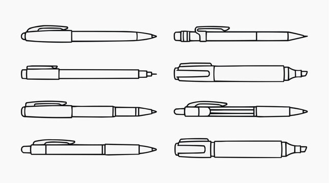 Collection of Pens and Markers: An artistic arrangement of eight writing instruments, including various styles of pens and markers, presented as clean line art on a neutral background.