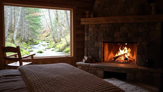 Cozy rustic log cabin bedroom interior with crackling stone fireplace and large window overlooking a peaceful forest river, relaxing cinemagraph loop background.