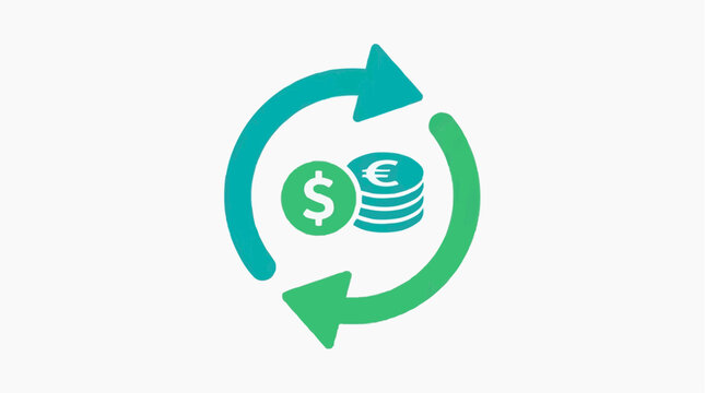 Currency Exchange Cycle: A stylized graphic depicting the cyclical nature of currency exchange, with dollar and euro coins at the center of a revolving arrow symbol.