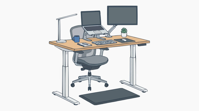 Ergonomic Standing Desk Setup: An illustration showcasing an adjustable standing desk equipped with a laptop, external monitor, desk lamp, and an ergonomic office chair.