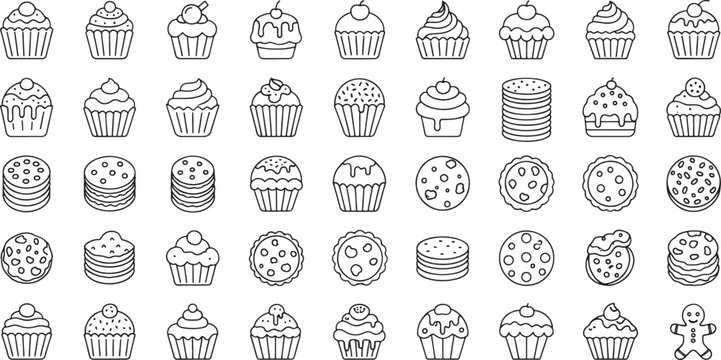 Collection of cupcakes and cookies line art illustrations on white background for baking and dessert concepts