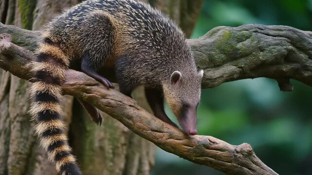 Binturong climbing on a thick tree branch in a dense green forest