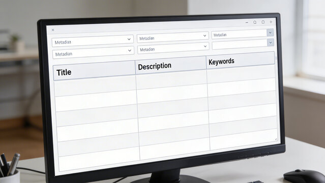 Close-up of a desktop computer screen displaying a blank metadata input form for content organization.
