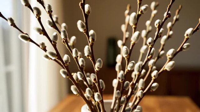 Pussy willow branches in white vase on wooden table