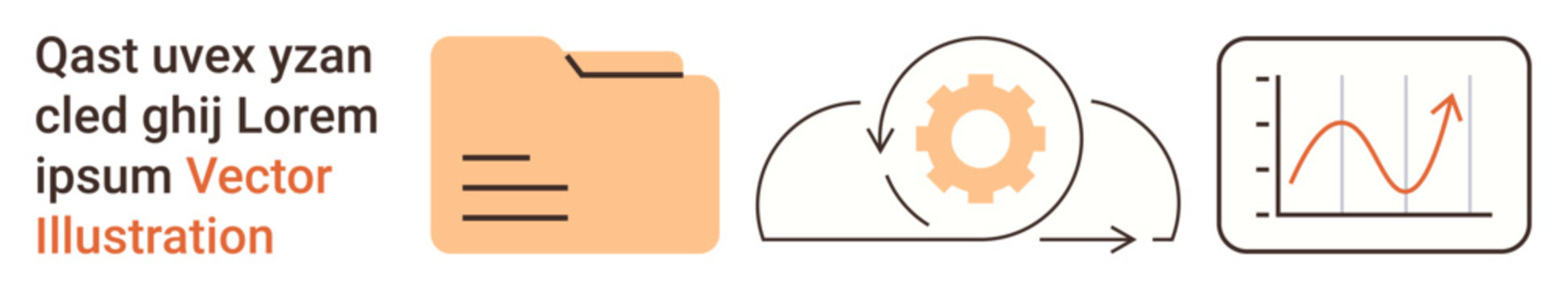 Digital storage, cloud computing, data analysis, technology, business solutions, automation. Folder icon, cloud sync with a gear and a graph on a screen. Cloud computing and data analysis concept