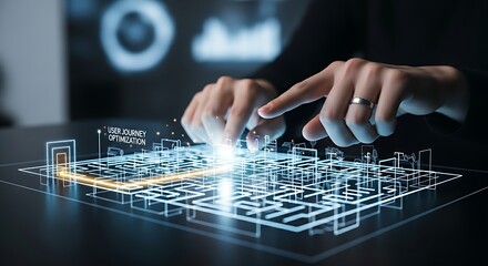 User journey optimization. A UX specialist's hands observe a holographic 'maze', tracing the simplest and most direct path to the exit with a finger.