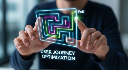 User journey optimization. A UX specialist's hands observe a holographic 'maze', tracing the simplest and most direct path to the exit with a finger.