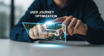 User journey optimization. A UX specialist's hands observe a holographic 'maze', tracing the simplest and most direct path to the exit with a finger.
