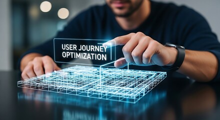 User journey optimization. A UX specialist's hands observe a holographic 'maze', tracing the simplest and most direct path to the exit with a finger.