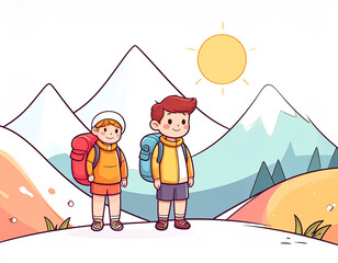 Fototapeta premium Happy Cartoon Boy and Girl Backpacker Holding Hands Standing on Forest Path with Big Mountain Landscape Vector Illustration