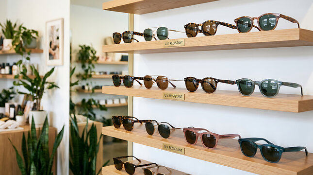 Fashionable sunglasses artfully displayed on retail shelves in a modern boutique setting