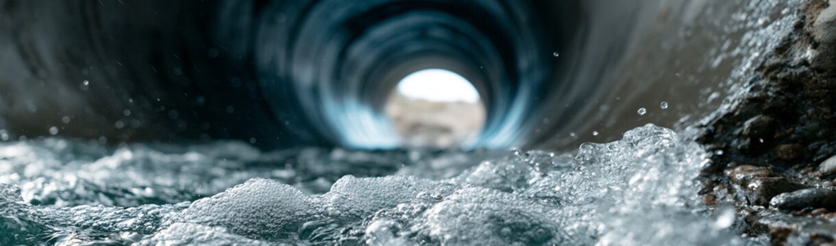 Tunnel Vision: Water flows forcefully through a dark, concrete tunnel, emerging into a bright, open space, symbolizing transition and a journey forward.