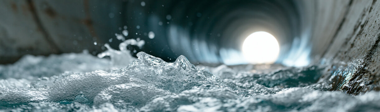 Tunnel of Flow: Fast-moving water cascades through a dark, industrial tunnel, illuminated by a distant light source, creating a dynamic and powerful abstract scene.