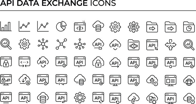 API data exchange icon set with cloud connectivity, database transfer, network communication, and web service integration technology interface design