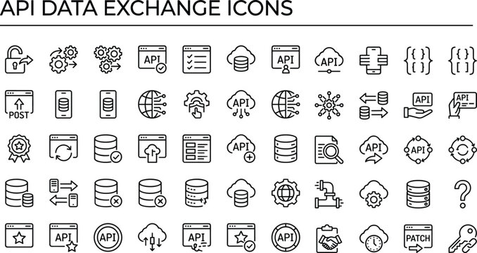 API data exchange icons set with cloud transfer, network communication, database synchronization, and web service integration technology interface elements