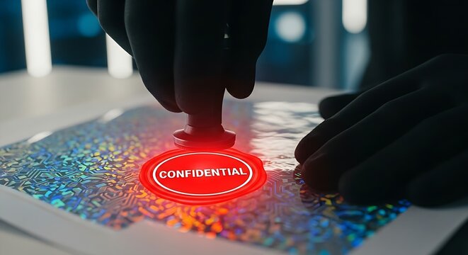 Data classification concept. A close-up of a professional 'stamping' a holographic document with a 'Confidential' seal, which glows red.
