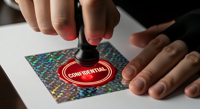 Data classification concept. A close-up of a professional 'stamping' a holographic document with a 'Confidential' seal, which glows red.